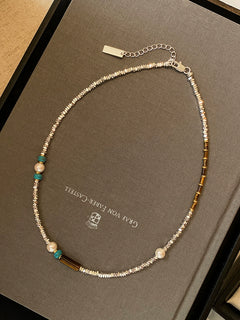 Chinese Style Natural Turquoise Beaded Silver Pearl Necklace Women Light Luxury Niche Clavicle Necklace 2024