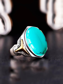 Men's S925 Sterling Silver Oval Turquoise Ring Frame