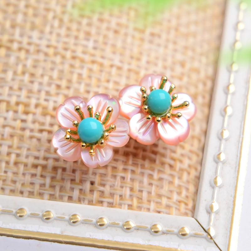 Colorful Plum Blossom Inlaid Natural Turquoise Unique Ear Studs