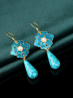 Retro National Trend Epoxy Turquoise 925 Silver Pin Earrings