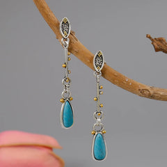 Bohemian Ethnic Style Long Women's Earrings: Silver Irregular Resin Inlaid with Gold Beads and Sapphire Accents