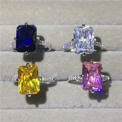 Luxury Square 5ct Lab Sapphire Topaz Diamond Ring: 925 Sterling Silver