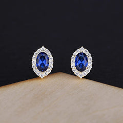 Metiseko 925 Sterling Silver Plated 14K Gold Stud Earrings: Elegant Retro Style with Sapphire-Colored Oval Zircon for Women