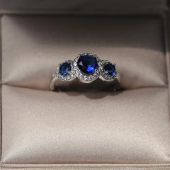 Luxury Big Round Blue CZ Wedding Ring: 925 Sterling Silver for Women