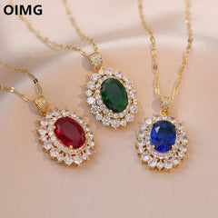 OIMG 316L Stainless Steel Gold Plated Temperament Luxury Jewelry Red Blue Emerald Rhinestone Pendant Necklace For Women Party