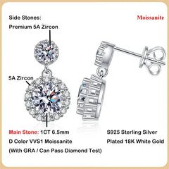 EWYA D Color 1CT 6.5mm Moissanite Drop Earrings For Women Girls Party Fine Jewelry S925 Sterling Silver Diamond Stud Earring