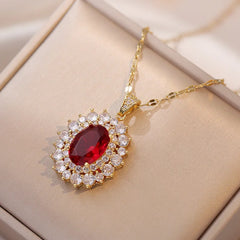 OIMG 316L Stainless Steel Gold Plated Temperament Luxury Jewelry Red Blue Emerald Rhinestone Pendant Necklace For Women Party