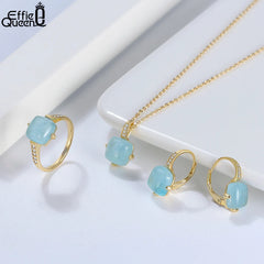 Effie Queen Natural Aquamarine Jewelry Set 14K Gold over 925 Sterling Silver Ring Pendant and Earrings Set for Women Gift SSGM08