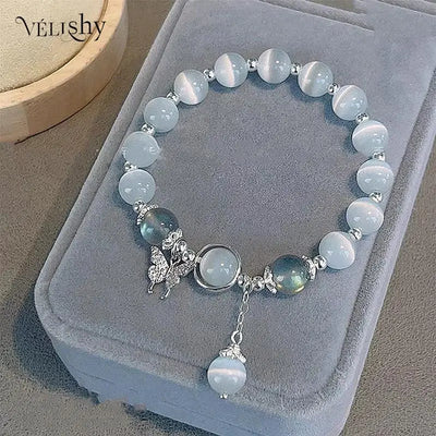 New Moonlight Crystal Bracelet for Women: Opal, Aquamarine, Light Luxury Leaf Design, Elastic Band