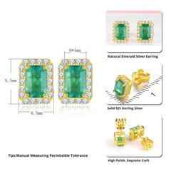 Genuine Elegance: Natural Emerald Sterling Silver Stud Earrings, 2.7 Carats, Yellow Gold Plated