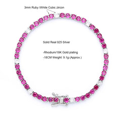 Exquisite Real 925 Silver Tennis Bracelet: 3MM Ruby Fuchsia Pink Mix with White Cubic Zirconia, Adjustable Chain Length (15-21 CM), Fine Jewelry for Women