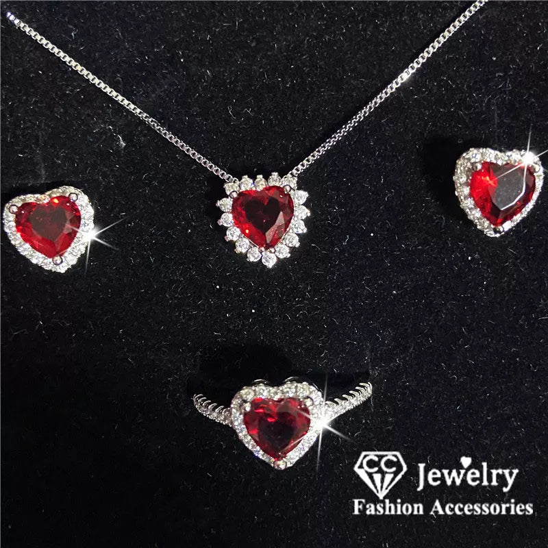 Radiant Love: Red Heart Zirconia Necklace, Earring, and Ring Set - Valentine's Gift