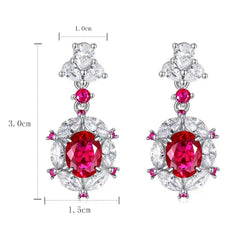 Wong Rain Vintage 925 Sterling Silver Drop Earrings: Oval Cut Ruby with High Carbon Diamond Gemstones, 7x9MM