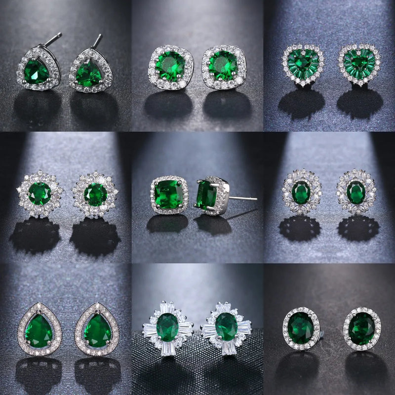 MK Fashion Emerald Cubic Zircon Silver Plated Stud Earrings with Green Stone