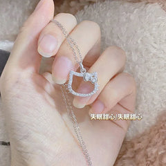 Kawaii Hello Kitty Diamond Necklace: Fashionable, Cute Silver Ring in Ins Style for Girl