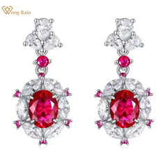 Wong Rain Vintage 925 Sterling Silver Drop Earrings: Oval Cut Ruby with High Carbon Diamond Gemstones, 7x9MM