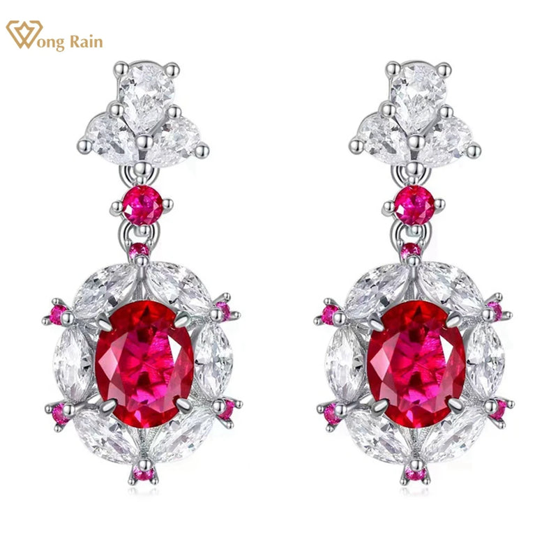 Wong Rain Vintage 925 Sterling Silver Drop Earrings: Oval Cut Ruby with High Carbon Diamond Gemstones, 7x9MM