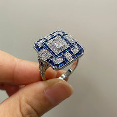 HOYON s925 Sterling Silver Color Square Female Ring: Couple Ring with Natural Zircon Crystal Sapphire