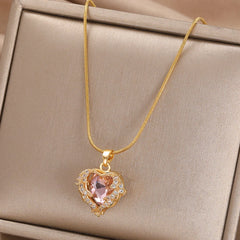 Radiant Heart: Colorful Zircon Pendant on Golden Stainless Steel Chain - Symbol of Love