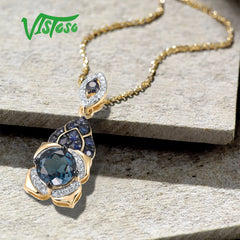 VISTOSO 14K Yellow Gold Pendant - Elegant Sapphire, London Blue Topaz & Diamond - Women's Luxury Fashion Jewelry