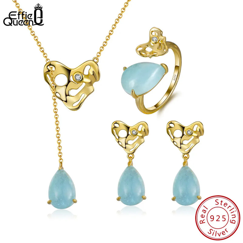 Effie Queen Natural Aquamarine Gemstone 925 Sterling Silver Jewelry Set Earrings Ring Necklace Set Bridal Wedding Jewelry SSGM05