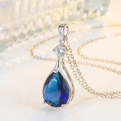 Luxury Water Drop Shape Sapphire Zircon Gemstone Pendant Necklace: 925 Silver Jewelry for Women