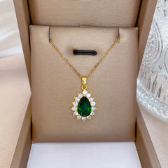 OIMG Stainless Steel Fashion Big Emerald Gemstone Geometric Necklace