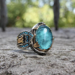 European and American Retro Men's Ring: Carved Aquamarine with Inlaid Turquoise, Inspired by Turkish Fashion