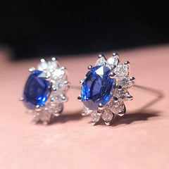 YANHUI Allergy-Free Tibetan Silver Earrings: Blue Oval Shape Lab Sapphire Studs for Women