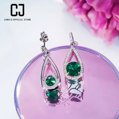 Luxury Ruby and Emerald Long Earrings: S925 Sterling Silver, Platinum Plated