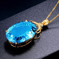 Elegance in Gold: 24K Gold Plated Oval Aquamarine Pendant Necklace with Cubic Topaz