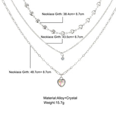 Three-Piece Suit Heart Pendant Necklace: Multi-Layered Opal Metal Design in Silver Color for Women