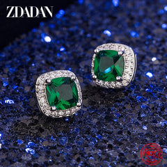 ZDADAN 925 Sterling Silver 9mm Square Emerald Earring For Women Fashion Jewelry