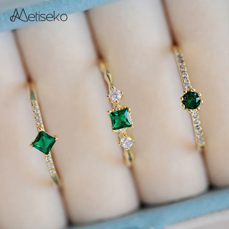 Metiseko 925 Sterling Silver Emerald Green Zirconia Ring: 14K Gold Plated, Resizable