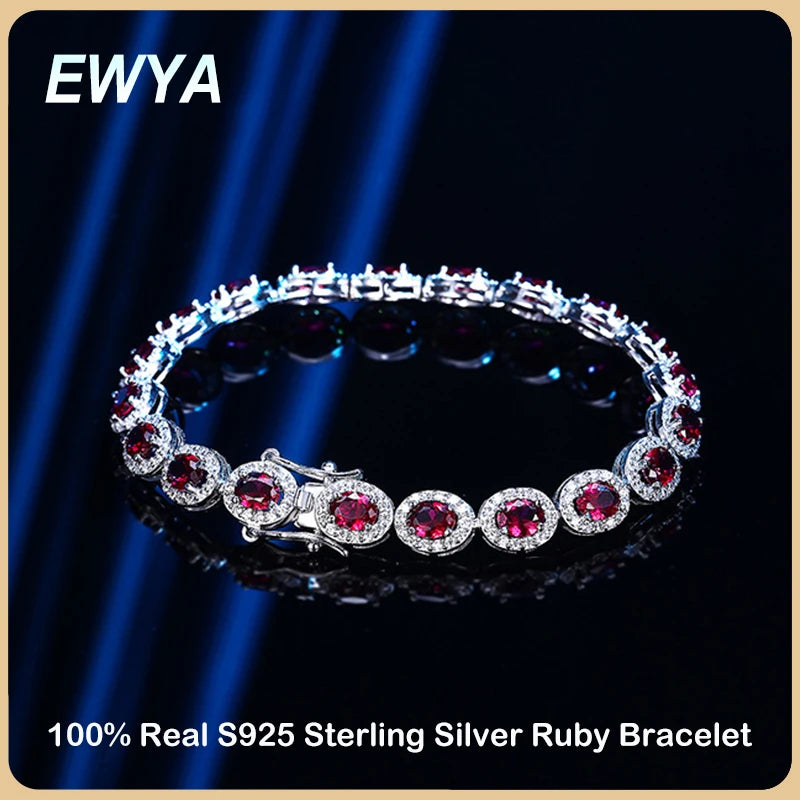 EWYA Luxury S925 Sterling Silver Tennis Bracelet: Full Ruby Adornments for Women