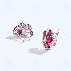 Luxury Silver Earrings: Natural Filled Ruby Gemstones, Classic Jewelry for Ladies