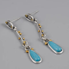 Bohemian Ethnic Style Long Women's Earrings: Silver Irregular Resin Inlaid with Gold Beads and Sapphire Accents