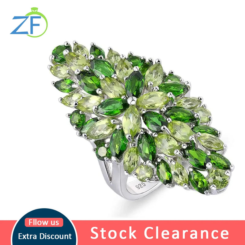 GZ ZONGFA 925 Sterling Silver Ring with Natural Chrome Diopside & Peridot for Women