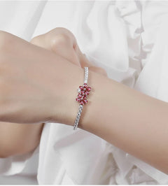 PANSYSEN Luxury 925 Sterling Silver Bracelet: Flower-Shaped Ruby with High Carbon Diamond Charm for Women