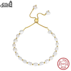 EFFIE QUEEN Natural Baroque Pearl Bracelet: 925 Sterling Silver with 14K Gold Adjustable Chain Link