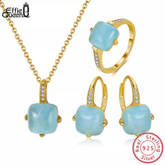 Effie Queen Natural Aquamarine Jewelry Set 14K Gold over 925 Sterling Silver Ring Pendant and Earrings Set for Women Gift SSGM08