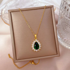 OIMG Stainless Steel Fashion Big Emerald Gemstone Geometric Necklace