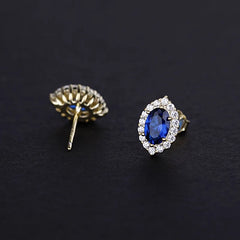 Metiseko 925 Sterling Silver Plated 14K Gold Stud Earrings: Elegant Retro Style with Sapphire-Colored Oval Zircon for Women