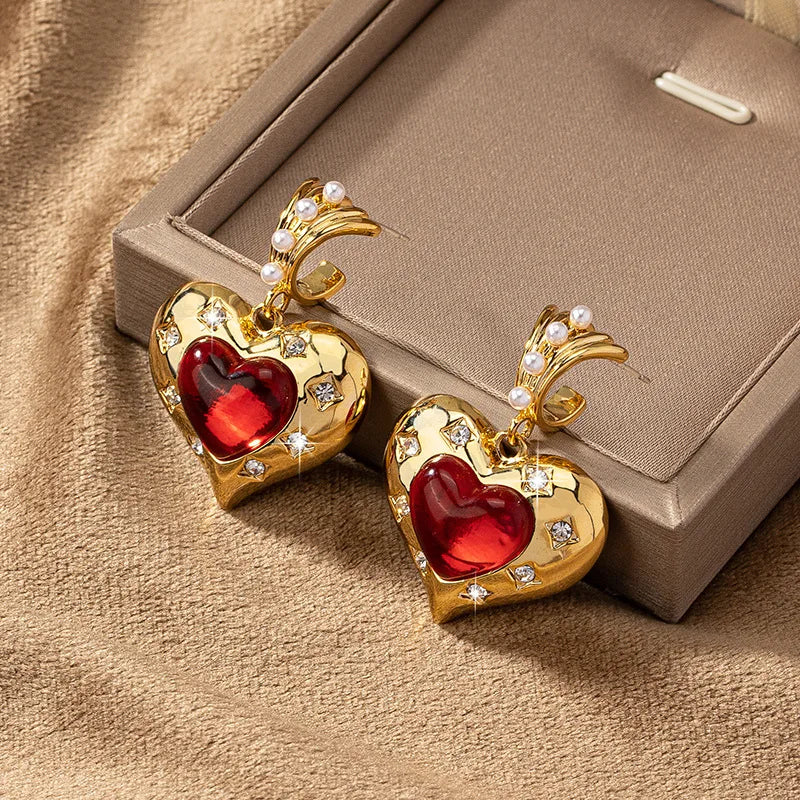 European and American Retro Sweet Romantic Red Heart Earrings for Women