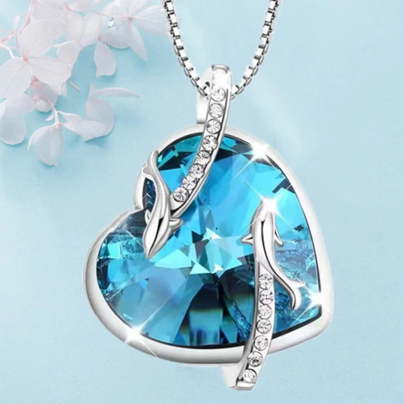 Fashion Dolphin Necklace with Heart Sapphire Zircon Crystal Pendant: Engagement Necklaces for Women