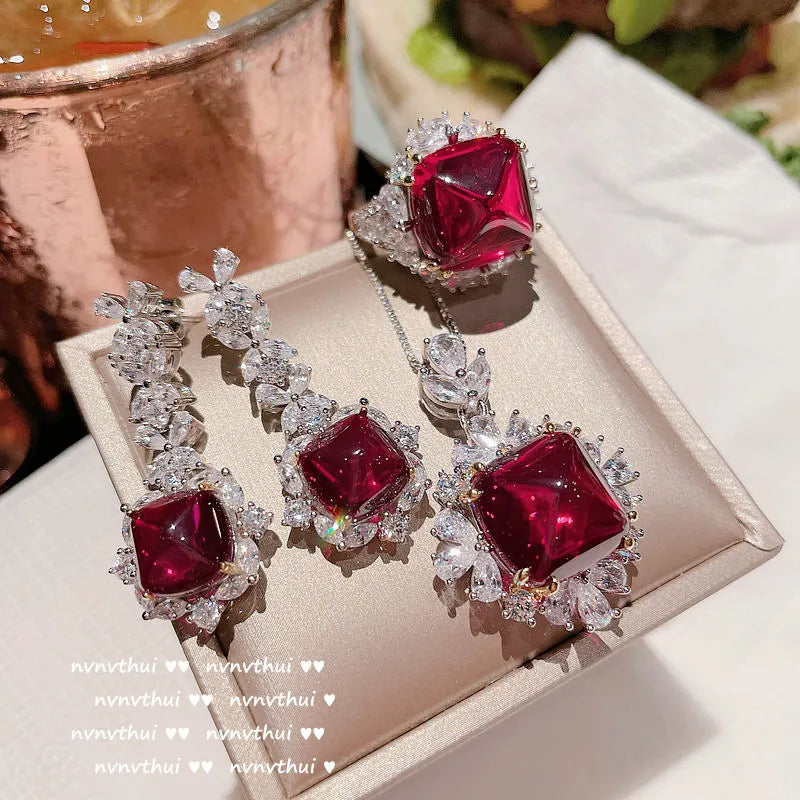 Luxury Ruby Gemstone Jewelry Set: Silver Color Crystals for an Elegant Touch