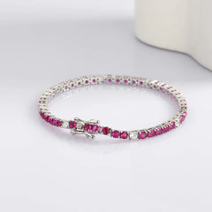 Exquisite Real 925 Silver Tennis Bracelet: 3MM Ruby Fuchsia Pink Mix with White Cubic Zirconia, Adjustable Chain Length (15-21 CM), Fine Jewelry for Women