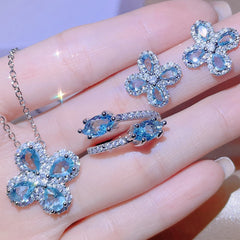 Chic Korean Aquamarine Jewelry Set: Exquisite Necklaces, Earrings, and Pendant Rings