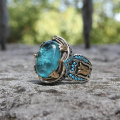 European and American Retro Men's Ring: Carved Aquamarine with Inlaid Turquoise, Inspired by Turkish Fashion