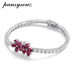 PANSYSEN Luxury 925 Sterling Silver Bracelet: Flower-Shaped Ruby with High Carbon Diamond Charm for Women